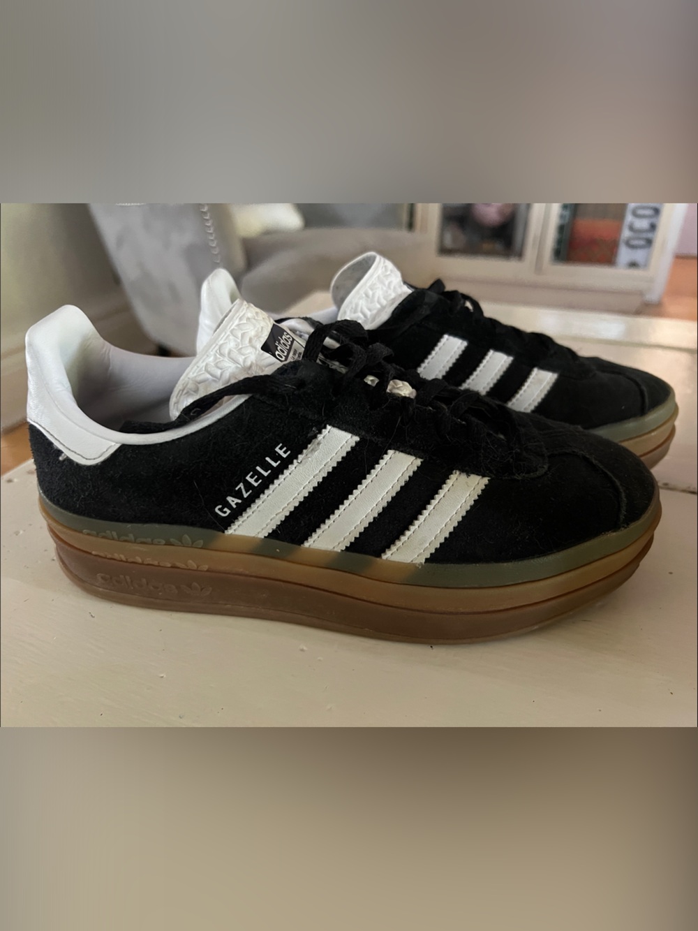 adidas Gazelle Black & White Suede Sneakers with Gum Sole platform